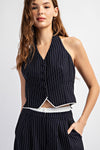 PINSTRIPED WOVEN TAILORED HALTER VEST