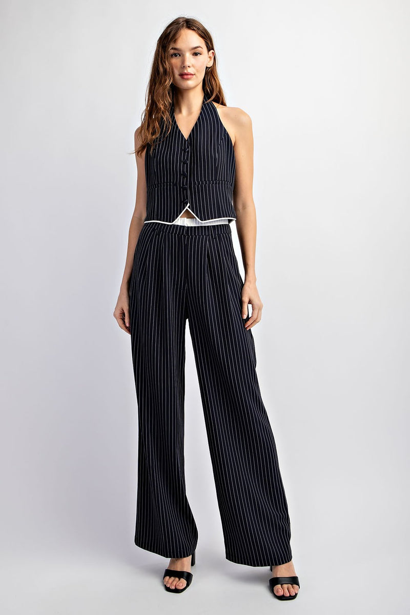 PINSTRIPED WOVEN TAILORED HALTER VEST