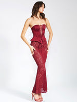 Burgundy Satin Lace Corset Maxi Dress