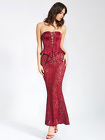 Burgundy Satin Lace Corset Maxi Dress