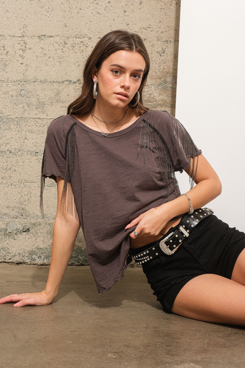 Slub Jersey Rhinestone Hem T Shirt Top