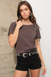 Slub Jersey Rhinestone Hem T Shirt Top