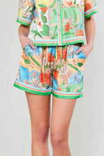 COLOR BLOCK PRINT ELASTIC WAISTED SHORTS