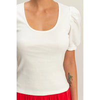 White Puff Sleeve Scoop Neck Fitted Top