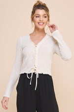 Crinkled Woven Long Sleeve Lace Up Top