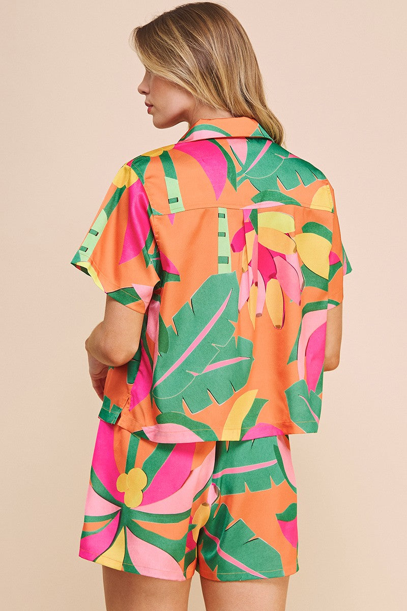 Printed Satin Cropped Collared Blouse
