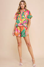 Printed Satin Cropped Collared Blouse