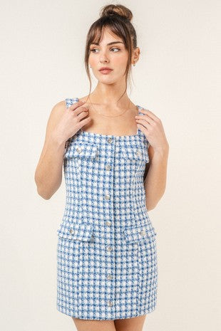 PLAID TWEED SQUARE NECK BUTTONED DRESS