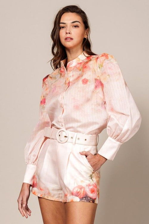 WATERCOLOR PRINTED LONG SLEEVE BUTTON DOWN BLOUSE