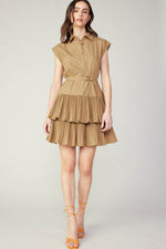 BUTTON DOWN TIERED MINI DRESS WITH SELF BELT