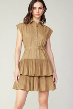 BUTTON DOWN TIERED MINI DRESS WITH SELF BELT