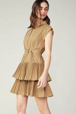 BUTTON DOWN TIERED MINI DRESS WITH SELF BELT