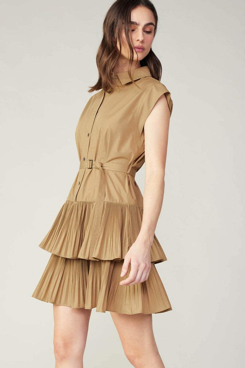 BUTTON DOWN TIERED MINI DRESS WITH SELF BELT