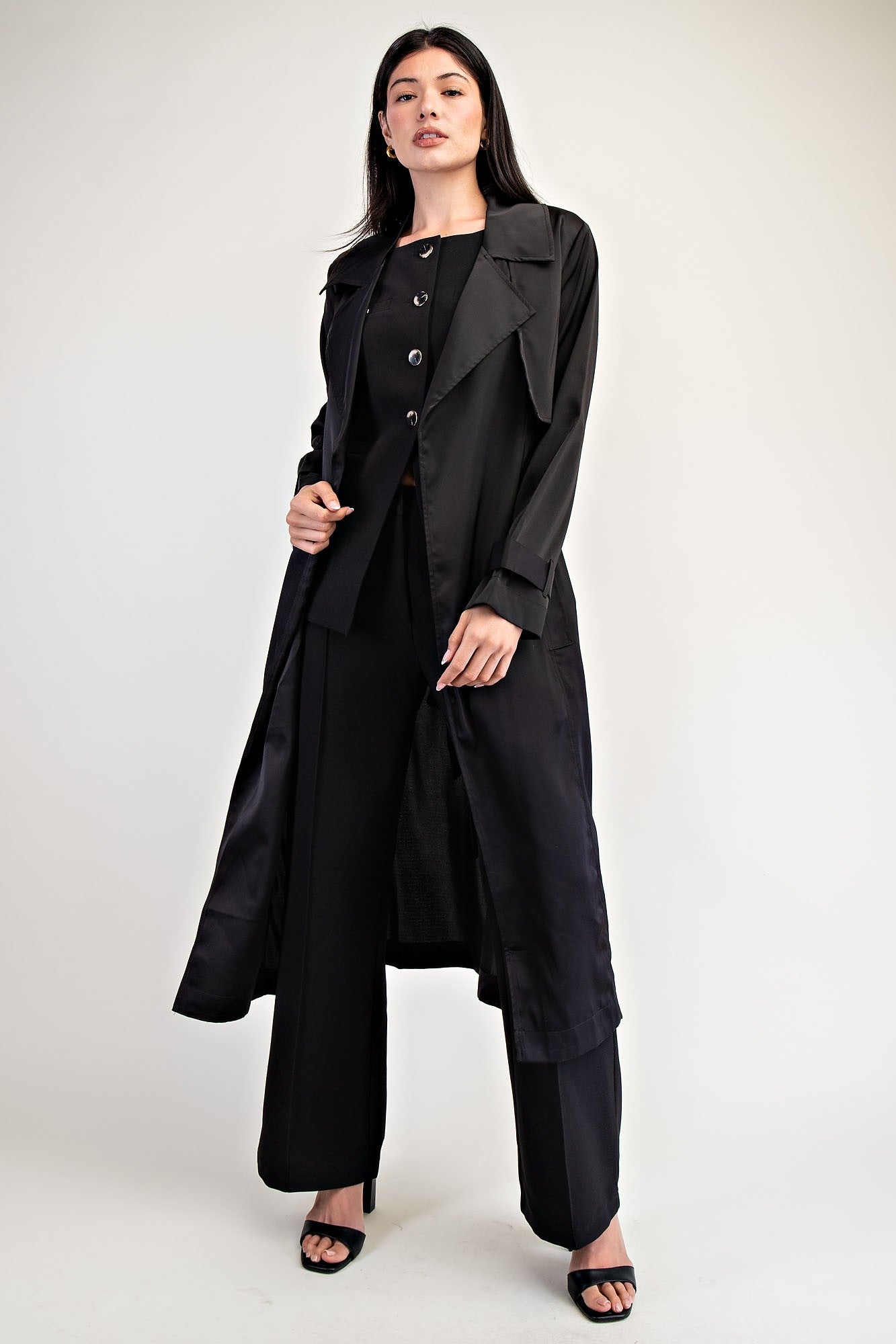 SATIN TRENCH WITH OPEN FRONT BLACK