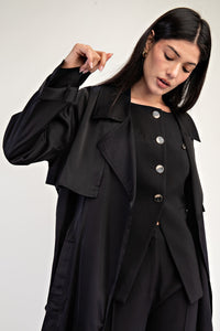 SATIN TRENCH WITH OPEN FRONT BLACK