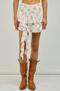 FLORAL PRINT LONG RUFFLE POINT LAYERED MINI SKIRT