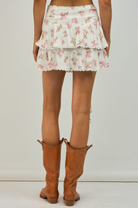 FLORAL PRINT LONG RUFFLE POINT LAYERED MINI SKIRT