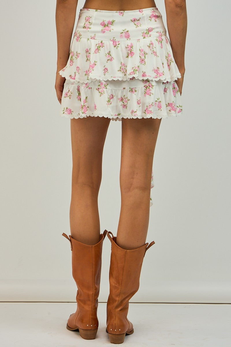 FLORAL PRINT LONG RUFFLE POINT LAYERED MINI SKIRT