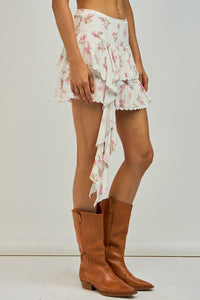 FLORAL PRINT LONG RUFFLE POINT LAYERED MINI SKIRT