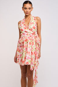 FLORAL HALTER WRAP SIDE RUFFLE TIE MINI DRESS