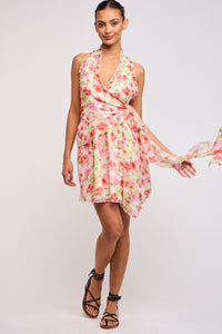 FLORAL HALTER WRAP SIDE RUFFLE TIE MINI DRESS