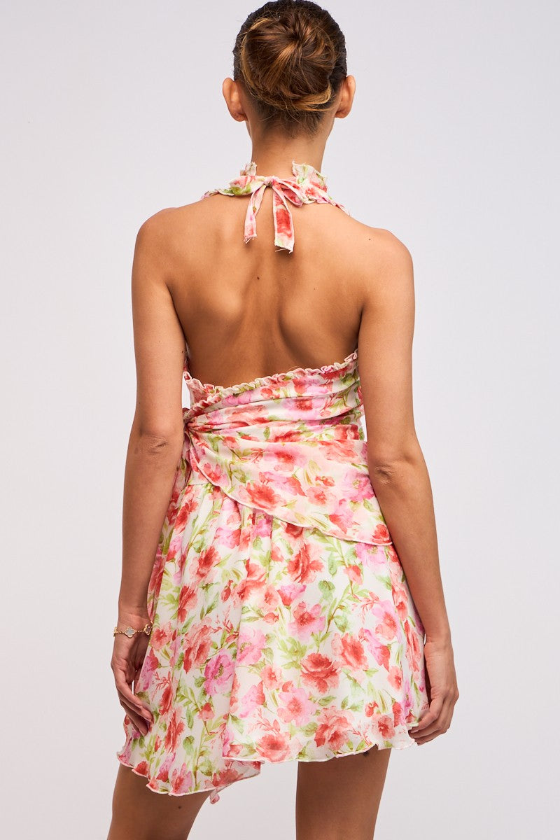 FLORAL HALTER WRAP SIDE RUFFLE TIE MINI DRESS