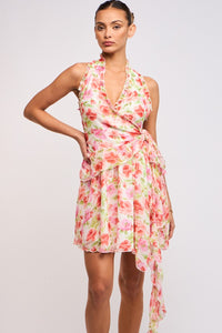 FLORAL HALTER WRAP SIDE RUFFLE TIE MINI DRESS