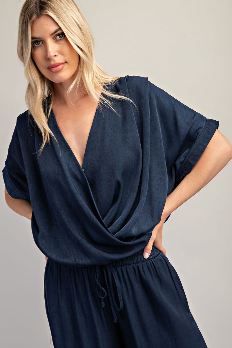 Draped V-Neck Navy Blue Top with Relaxed Fit