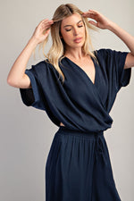 Draped V-Neck Navy Blue Top with Relaxed Fit