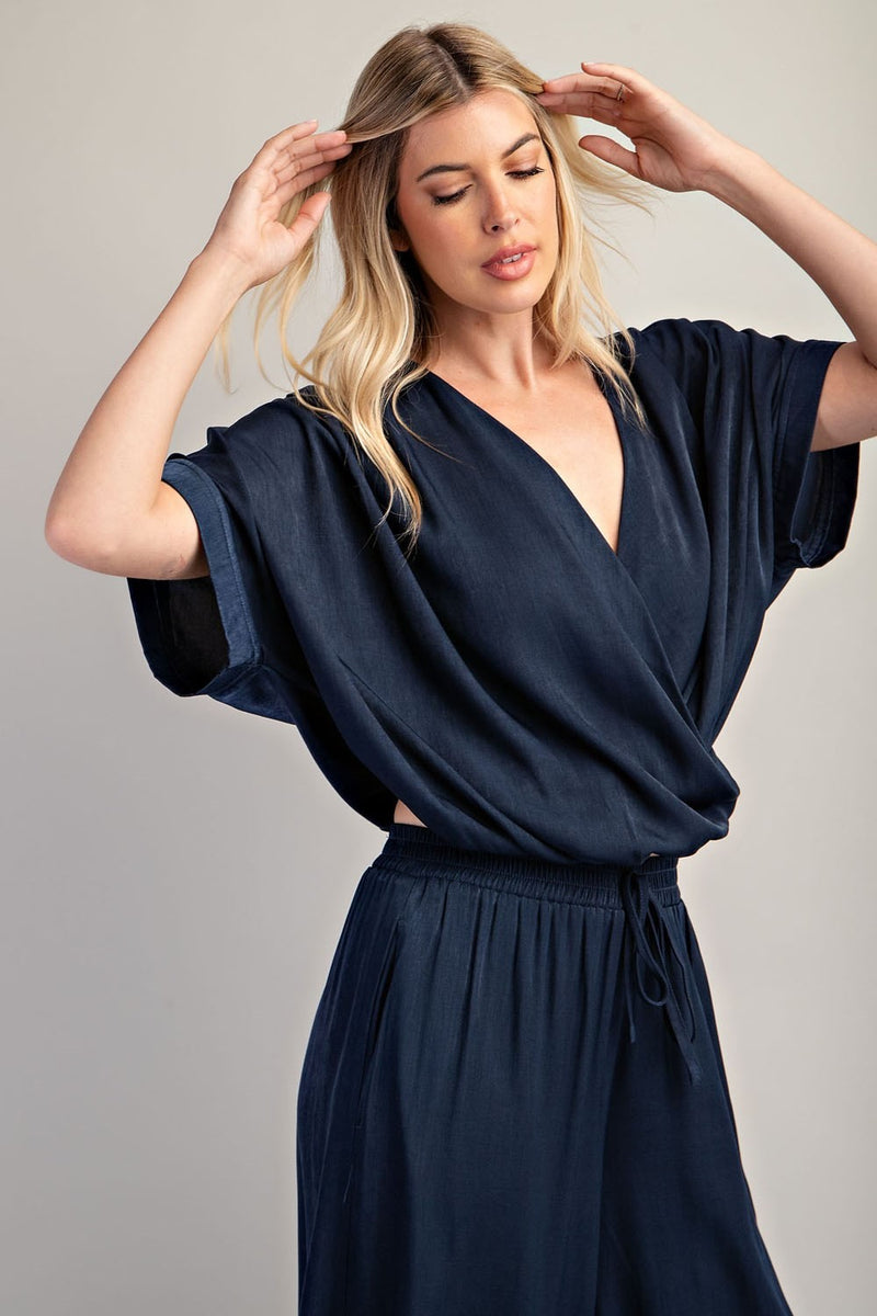 Draped V-Neck Navy Blue Top with Relaxed Fit