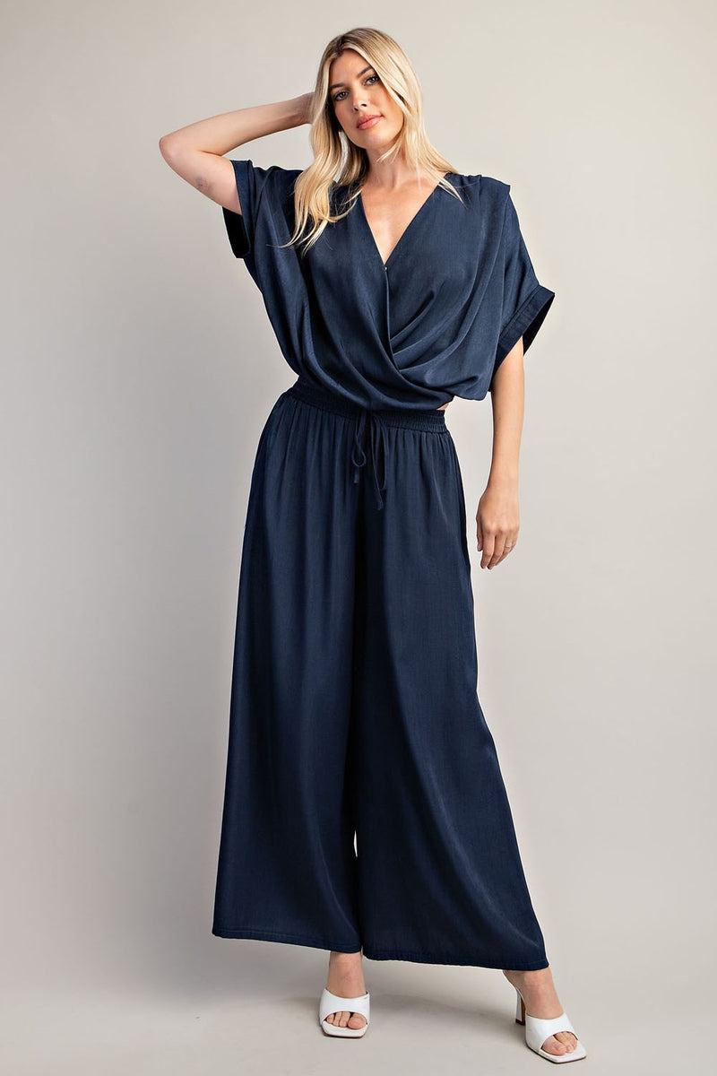 Draped V-Neck Navy Blue Top with Relaxed Fit