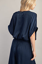 Draped V-Neck Navy Blue Top with Relaxed Fit