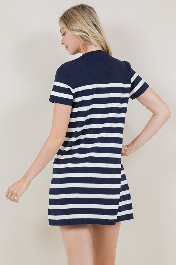 STRIPED SHORT SLEEVE ROUND NECK KNIT DRESS