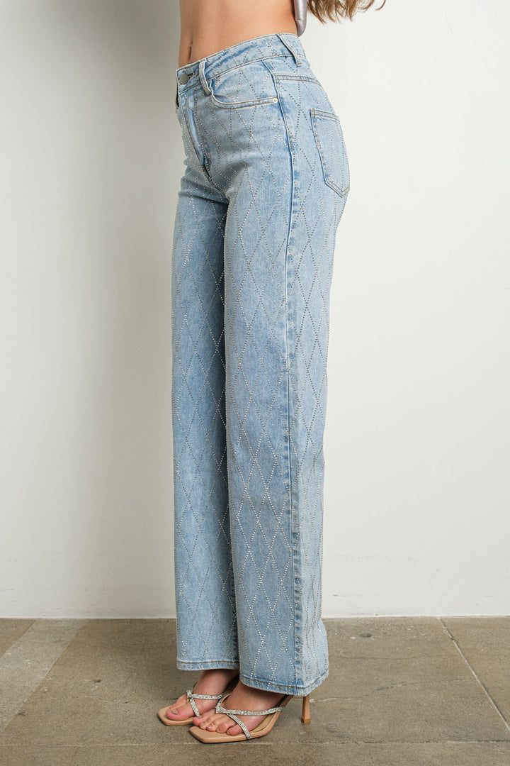 Diamond pattern rhinestone stretch denim pants