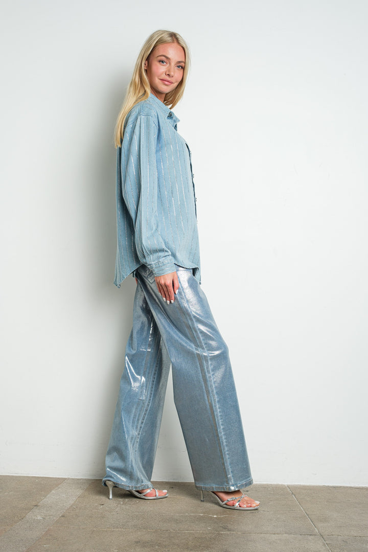 Pinstripe Rhinestone Denim Shirt