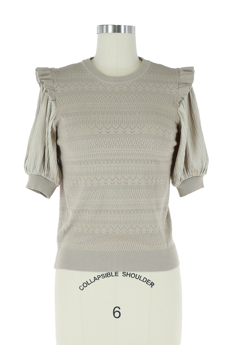 PLEATED HALF-SLEEVE WOVEN COMBO SWEATER