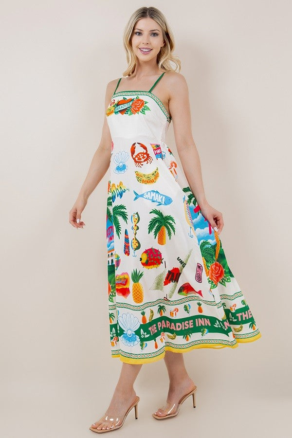 RESORT PRINT SLEEVELESS LONG RUFFLE DRESS