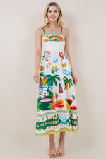 RESORT PRINT SLEEVELESS LONG RUFFLE DRESS