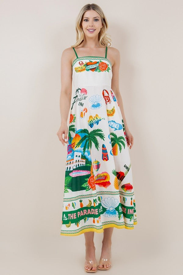 RESORT PRINT SLEEVELESS LONG RUFFLE DRESS