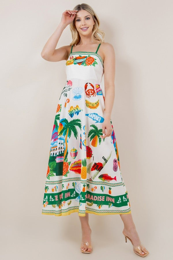 RESORT PRINT SLEEVELESS LONG RUFFLE DRESS