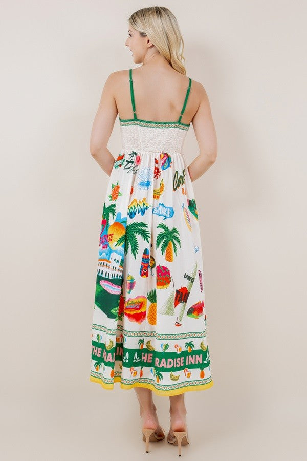 RESORT PRINT SLEEVELESS LONG RUFFLE DRESS