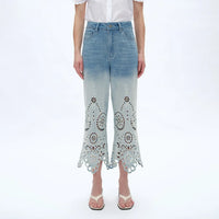 Light Wash Denim Culottes with Scalloped Laser Cut Hem