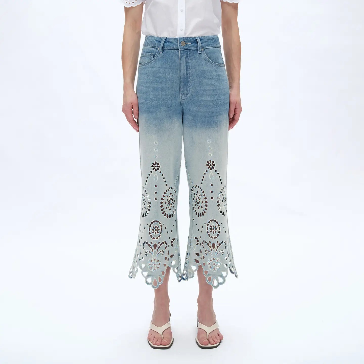 Light Wash Denim Culottes with Scalloped Laser Cut Hem