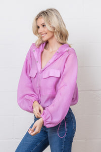 Sheer Lilac Hooded Drawstring Windbreaker Jacket