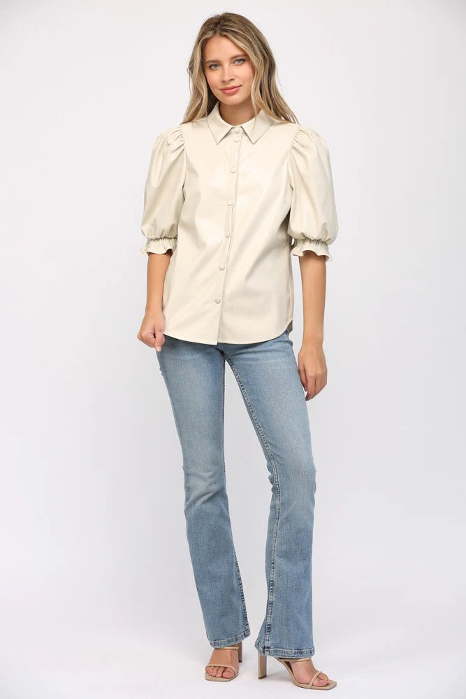 SHORT PUFF SLEEVE FAUX LEATHER SHIRT