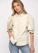 SHORT PUFF SLEEVE FAUX LEATHER SHIRT