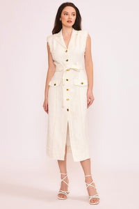 TWEED BELTED MIDI DRESS WITH GOLD BUTTONS