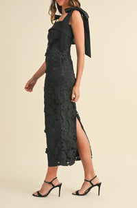 SHOULDER STRAP LACE FLORAL MIDI DRESS