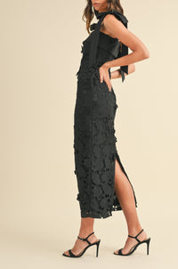 SHOULDER STRAP LACE FLORAL MIDI DRESS