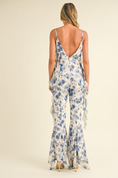 FLORAL PRINTED OPEN BACK JUMPSUIT WITH FRILLS